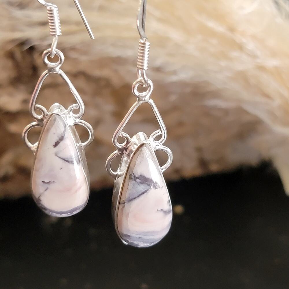 Sterling Silver Marble Teardrop Dangle Earrings Handmade 1.44 Inch Stone Drops - Picture 3 of 9